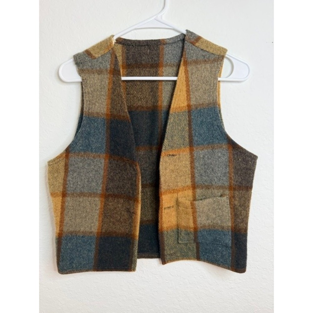 Vintage Plaid Wool Blend Vest Size 38 Mustard Blue Grey Heritage Layering Piece
